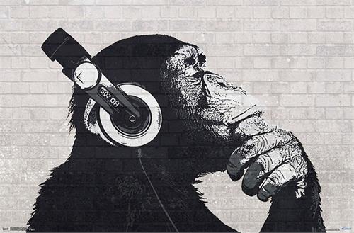 Chimp with HEADPHONES on Poster - 22.375'' x 34''