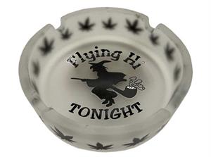 ''Frosted White Glass Novelty Ashtray with Witch Riding a PIPE & Black Leaves Design - 4.25'''' Diamete