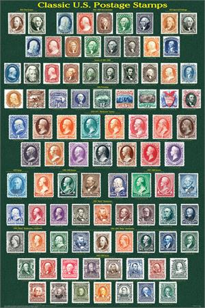 Classic US Postage Stamps Educational POSTER 24x36
