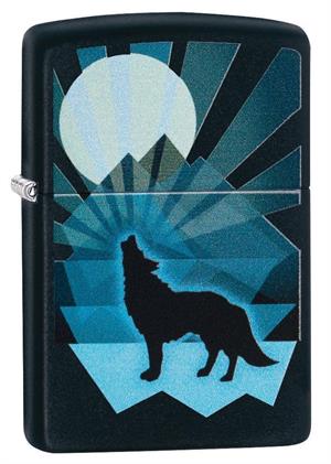 Wolf and Moon Design Black Matte Zippo Lighter